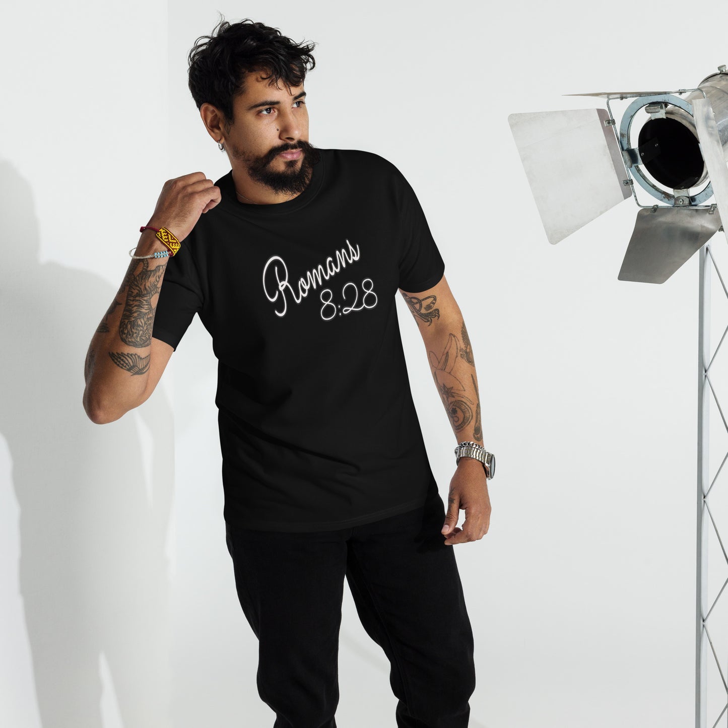 Romans 8:28 "Cursive" Men’s premium heavyweight tee