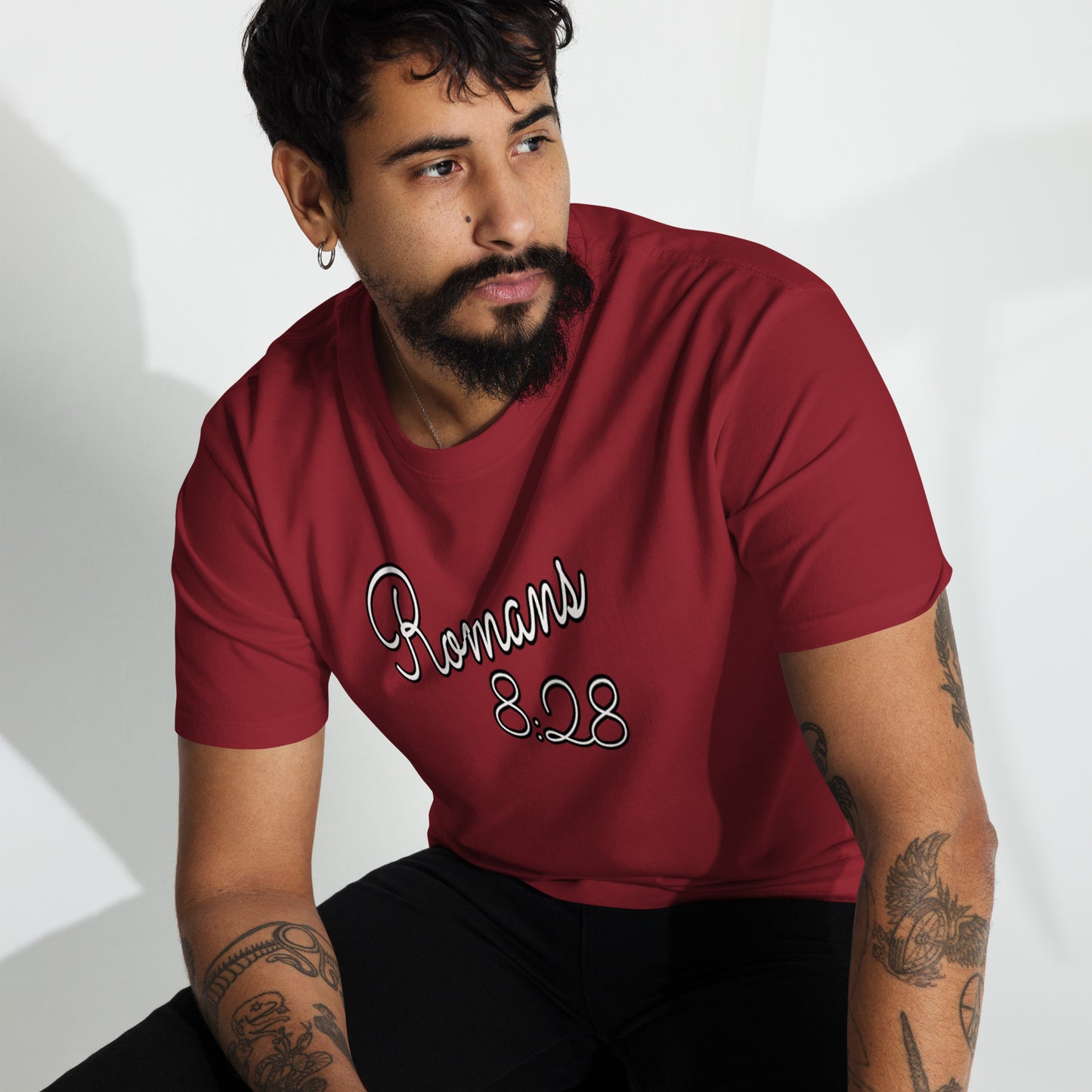 Romans 8:28 "Cursive" Men’s premium heavyweight tee