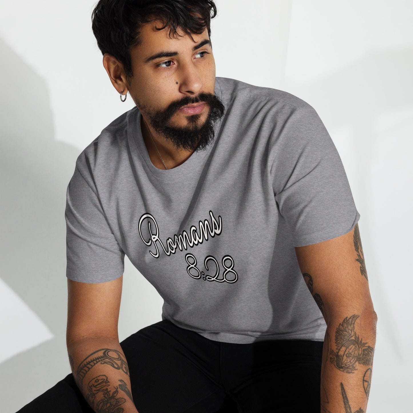 Romans 8:28 "Cursive" Men’s premium heavyweight tee