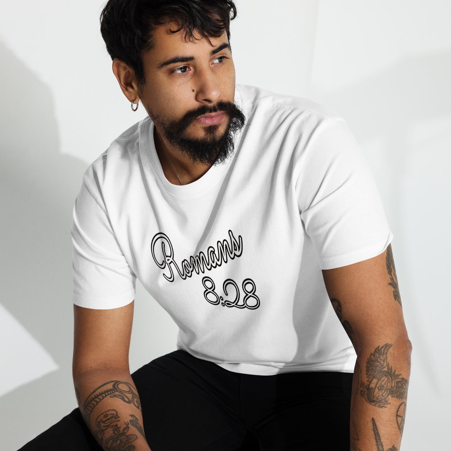 Romans 8:28 "Cursive" Men’s premium heavyweight tee